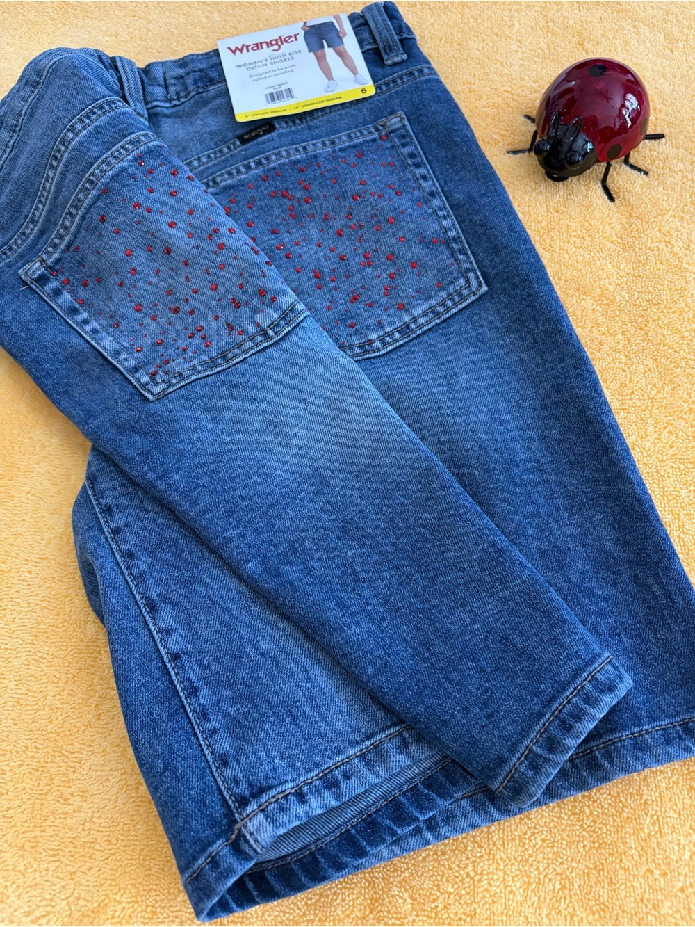NWT Wrangler HR Bling Denim Shorts Size 6 Custom Red Rhinestones